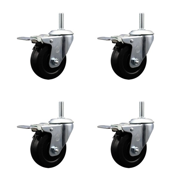35 Inch Hard Rubber Swivel 34 Inch Threaded Stem Caster Set with Total Lock Brake